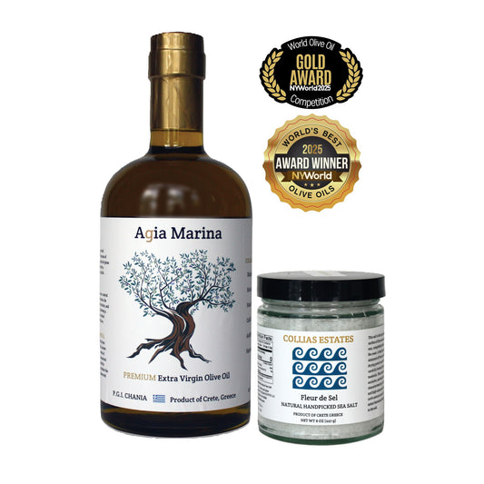 Agia Marina Extra Virgin Olive Oil (750ml) bottle and 8 oz Handpicked Natural Sea Salt