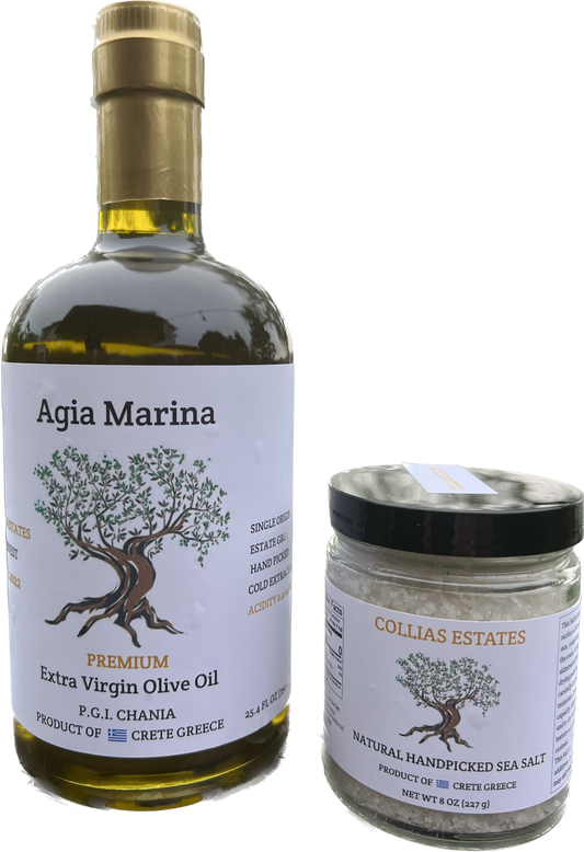 Agia Marina Extra Virgin Olive Oil (750ml) bottle and 8 oz Handpicked Natural Sea Salt