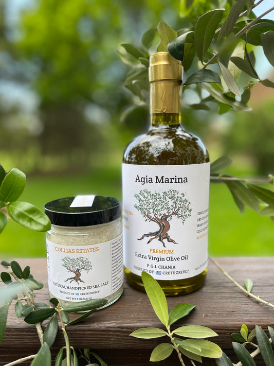 Agia Marina Extra Virgin Olive Oil (750ml) bottle and 8 oz Handpicked Natural Sea Salt