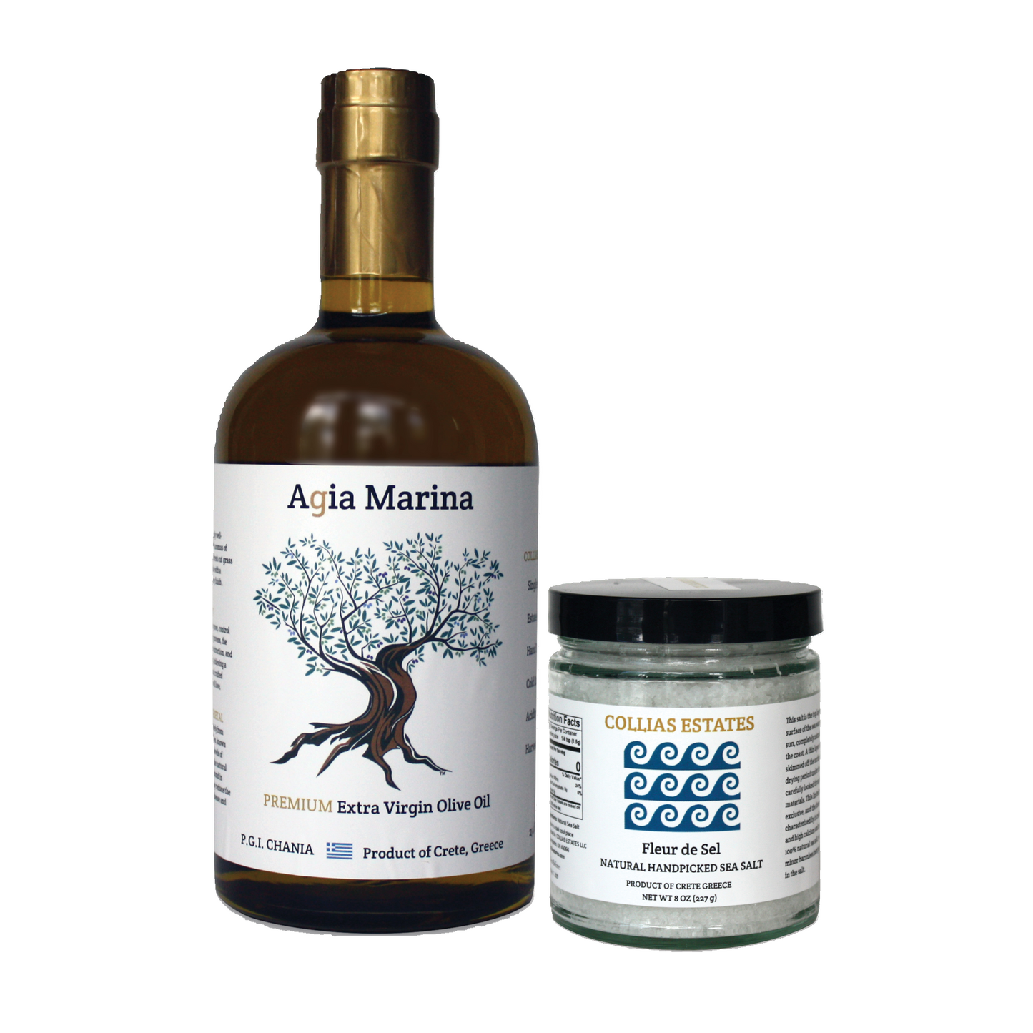 Agia Marina Extra Virgin Olive Oil (750ml) bottle and 8 oz Handpicked Natural Sea Salt (Copy)